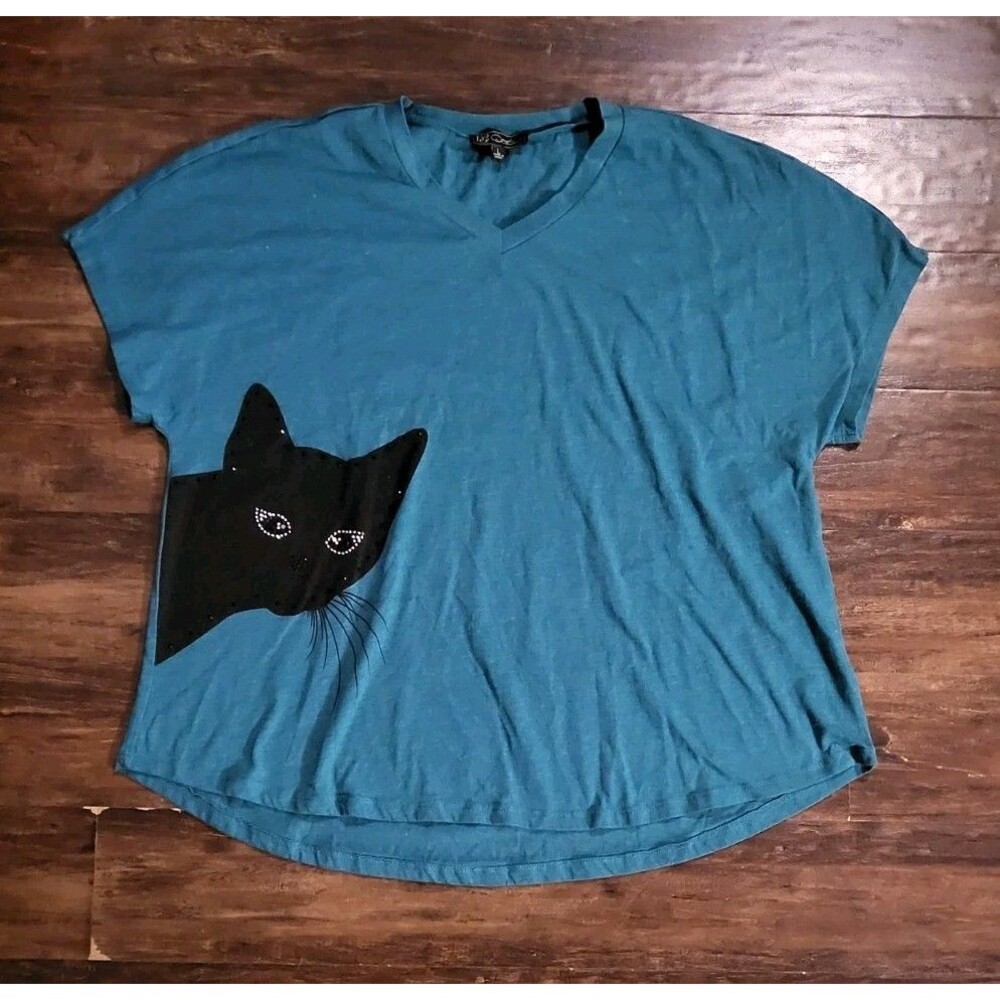 DG2 by Diane Gilman Womens Green Studded Cat Short Sleeve T-Shirt Size L